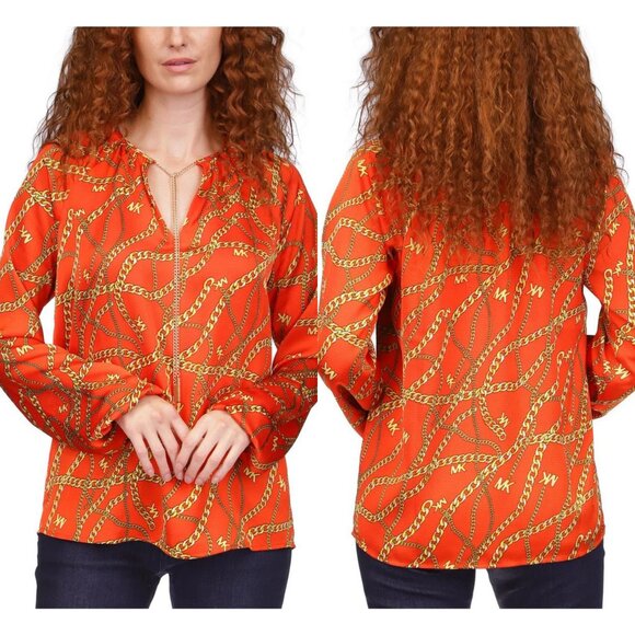 MICHAEL Michael Kors Logo Orange Chain Print Casual Long Sleeve Top XS - Picture 5 of 6